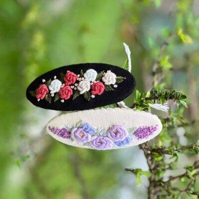 Embroidery Barrette, Oval Rosette Barrette Clip