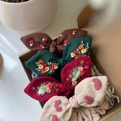 Hand Embroidered Floral Scrunchie | Vintage Floral Hair Tie | Handmade Linen Hair Accessory