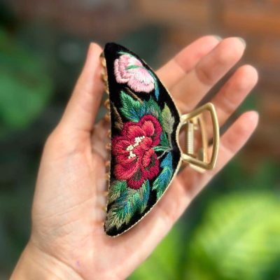 Embroidery Barrette, Embroidered Floral Hair Claw Clip, Flower Hair Claw Clip, Vintage Claw Clips