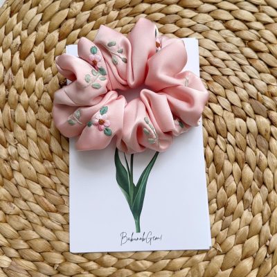 Hand Embroidered Silk Scrunchie – Wildflower Floral Hair Accessory