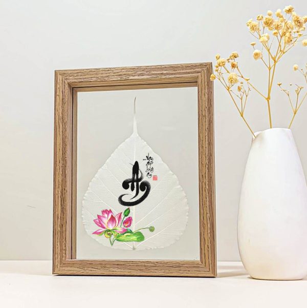 Vietnamese Blessing Bodhi Leaf Desk Frame – Calligraphy on Real Leaf, 6×8″