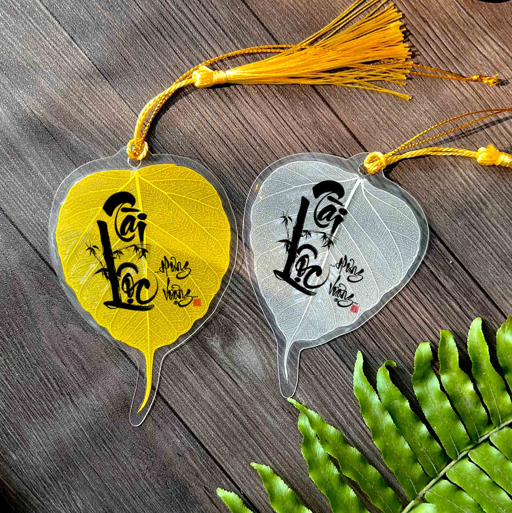 Prosperity Set: Vietnamese calligraphy Bodhi leaf bookmark with tassel