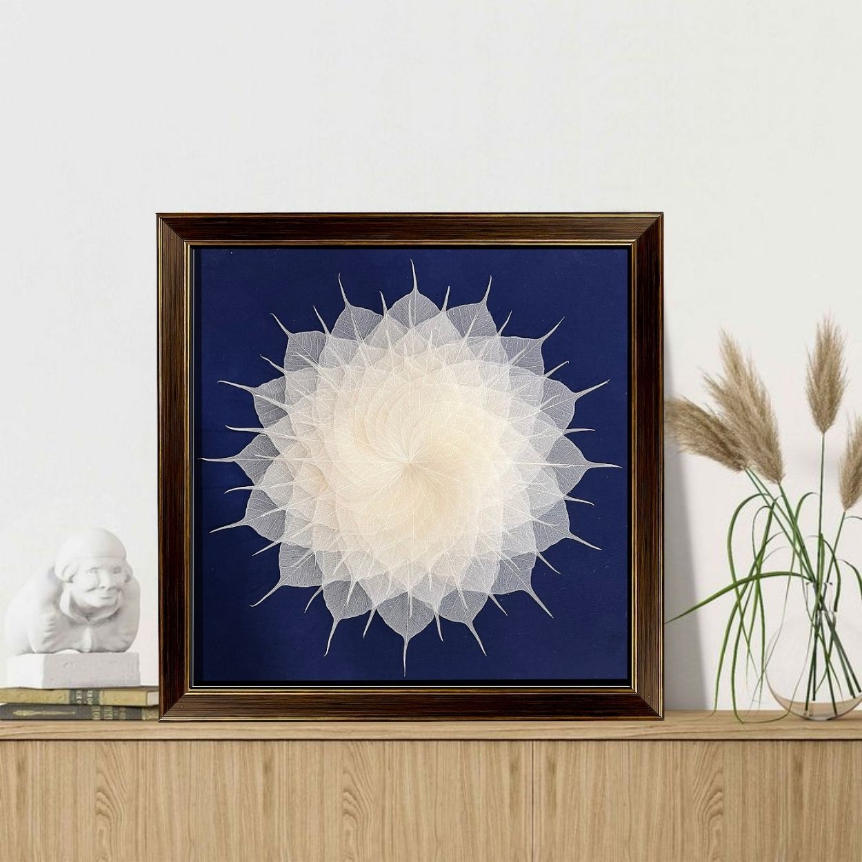 12-inch white Bodhi leaf mandala on navy velvet in a bronze frame