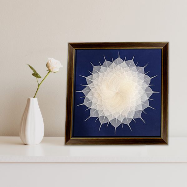 12-inch white Bodhi leaf mandala on navy velvet in a bronze frame